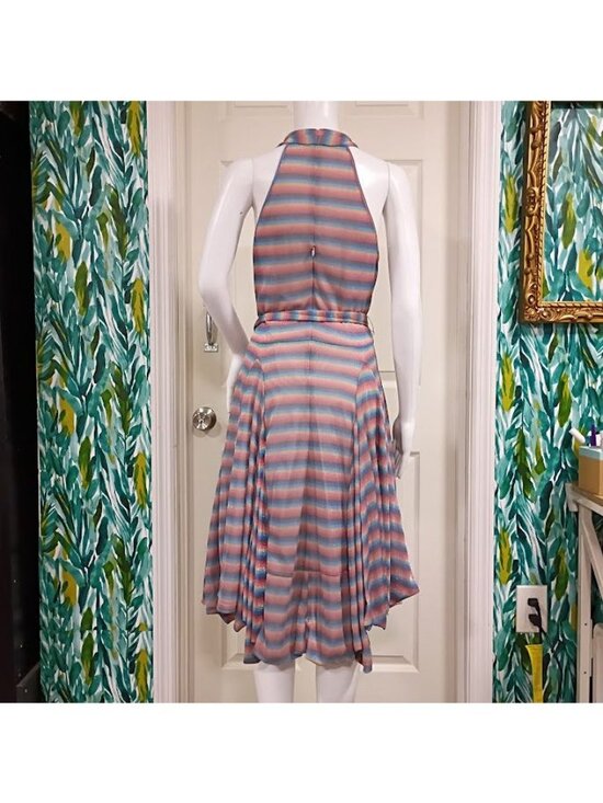 Samuel Dong Size M/L Striped Halter Midi Dress Handkerchief Hem & Metallic Sheen - Picture 2 of 15